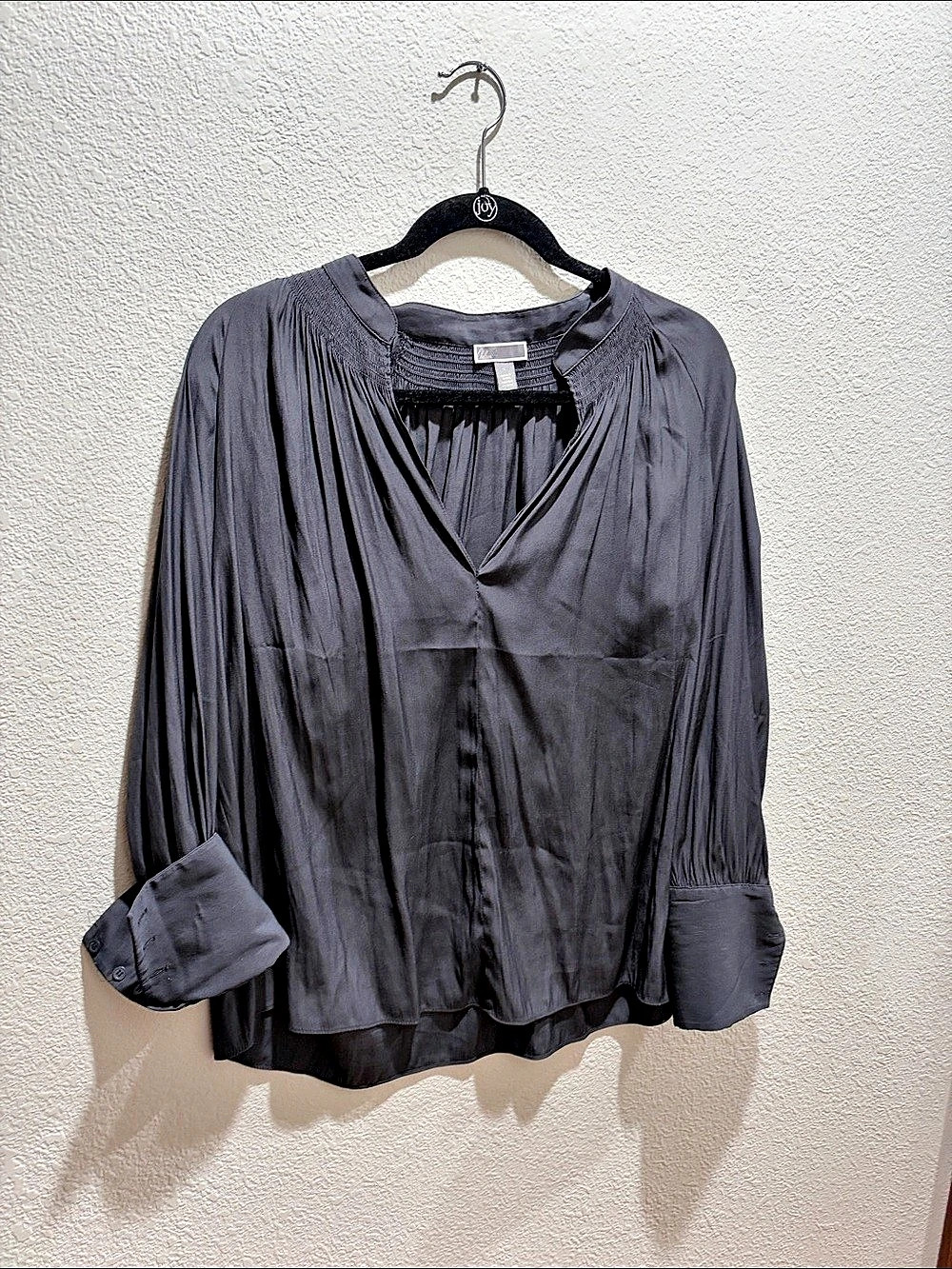 White House Black Market Pleated V-Neck Blouse in Gray